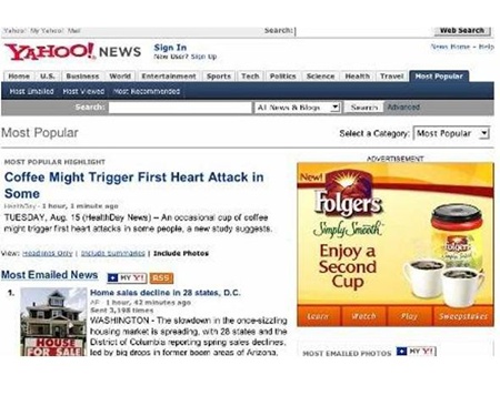Quảng cáo cà phê Yahoonews xuất hiện cùng bài viết “Cà phê có thể gây đau tim lần đầu”.