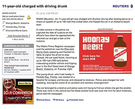 Quảng cáo Hooray beer và bài báo “Trẻ 11 tuổi bị phạt tiền vì lái xe trong tình trạng xay xỉn.” trên Reuters.